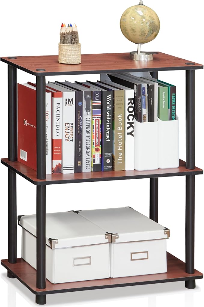 Furinno TURN-N-TUBE Storage Shelves, 3-Tier Book Shelf, Corner Shelf, Toolless Open Shelves, for Organization and Storage, Living Room, Garage, Home Office, Dark Cherry