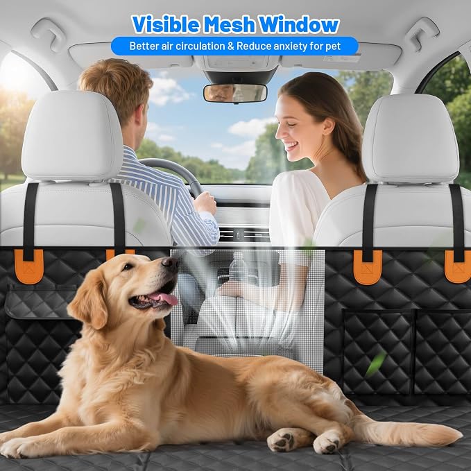 Dog Car Seat Cover for Back Seat, Hard Bottom Hammock Hold 400lbs For Cars | Waterproof,Anti-Scratch,Safety Non-Slip,600D Oxford,Mesh Window,Storage Pocket