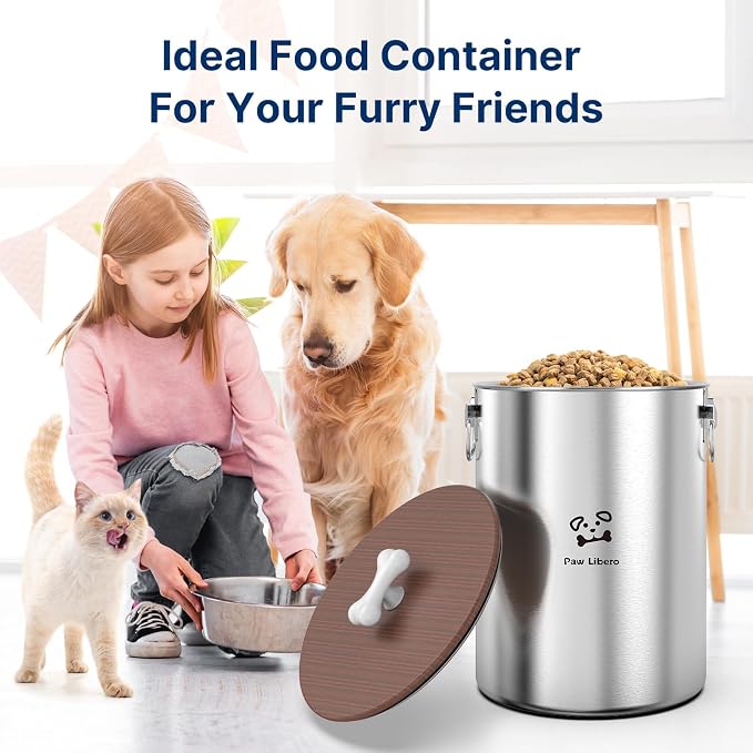 Paw Libero 25 Lbs Stainless Steel Dog Food Storage Container with Airtight Wooden Lid & Ceramic Bone Handle, Large Metal Dog Food Bin for Dogs & Cats, Keep Fresh, Easy to Clean