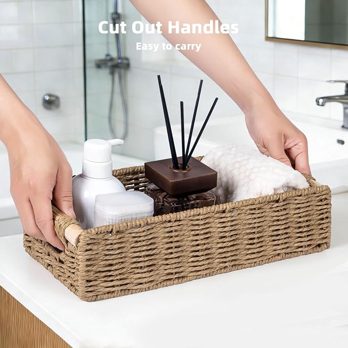 CubesLand Back of Toilet Storage Basket for Organizing w/Cut Out Handle, Handwoven Toilet Tank Top Paper Baskets, Wicker Decorative Basket for Countertop, Home Decor, Living Room, Nursery, Neutral