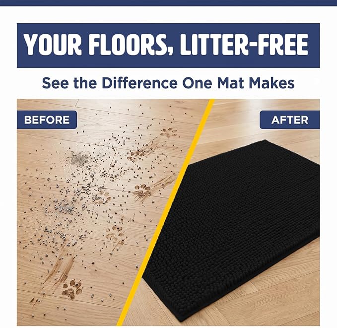 Muddy Mat® | Cat Litter Mat 24"x36", Litter Trapping Mat, Super Absorbent Scatter Control, Soft on Paws, Slip Resistant Washable Kitty Litter Mat, Traps Litter, Protects Floors, Black
