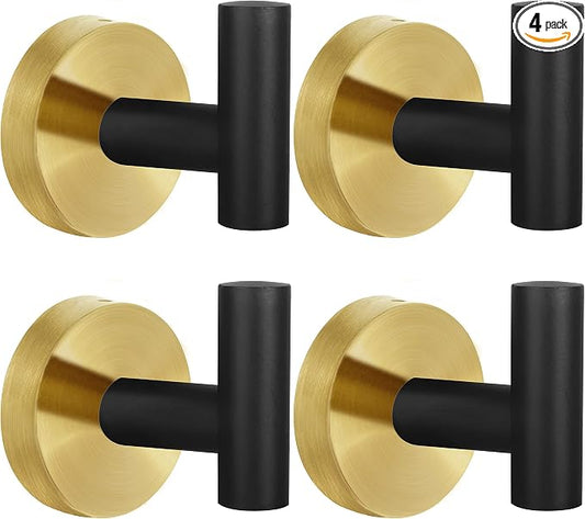 4 Pack Robe Towel Hooks Coat Black Gold Wall Hook Stainless Steel Heavy Duty Door Hanger Towel Robe Clothes Cabinet Closet Sponges Hook for Bathroom Bedroom Kitchen Hotel Pool