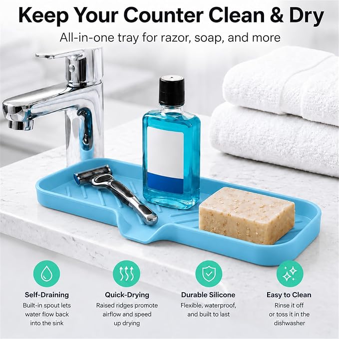MicoYang Silicone Soap Dish with Drain Spout — Self-Draining Double Sink Organizer Tray for Kitchen & Bath, Dispensers, Sponges & Soap Holder, Non-Slip & Dishwasher Safe, Light Blue (Large, 12"×4")