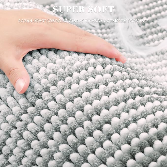 Bathroom Rugs Sets 2 Piece, Non Slip Striped Bath Mats, Light Gray | 20"x32" Plus 16"x24"，Soft Absorbent Chenille, Quick Dry Machine Washable, Shower Rug for Bathroom Floor, Tub, Bedroom Decor