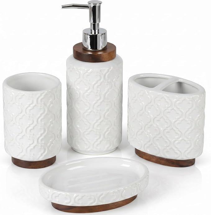 RQYIXI Ceramic 4-Piece Bathroom Accessories Set,White | Countertop Essentials Embossed Textured Design Solid Wood Non-Slip Detail Pearl White Finish