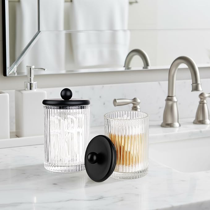 SheeChung 4 Pack Ribbed Glass Qtip Holder with Black Metal Lids | Apothecary Jars Bathroom Organizer Countertop Vanity Canister Set for Cotton Swabs, Rounds, Floss Picks-Modern Luxury Decor