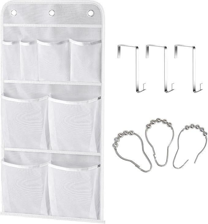 MISSLO Hanging Mesh Pockets Hold 340oz/1000ml Shampoo Shower Organizer with Over the Door Hooks