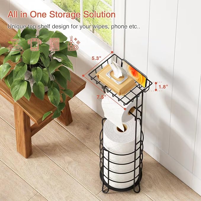 Goozii Matte Black Free Standing Toilet Paper Holder Stand with Shelf, Freestanding Bathroom Tissue Dispenser with Wipes Storage, Floor Toilet Paper Holder with Phone Tray for Large Mega Rolls