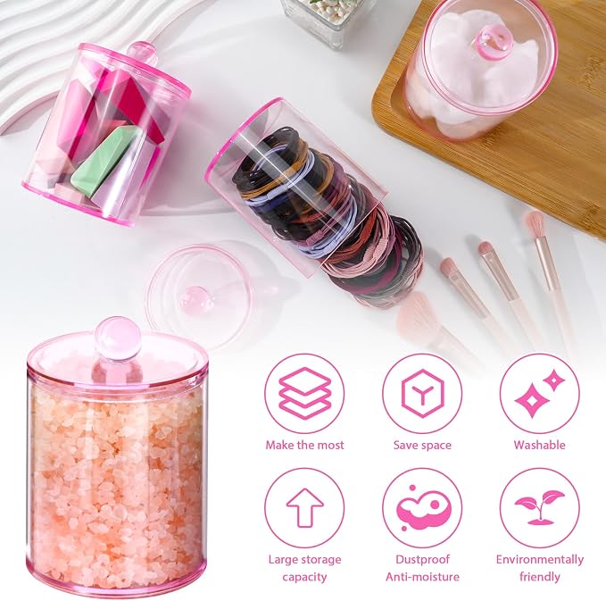 6 Pcs Acrylic Qtip Holder, Cotton Ball Holder Jars with Lids, Pink | Apothecary Jars for Cotton Swabs, Balls, Pads and Floss Picks, Bathroom Vanity Organizer