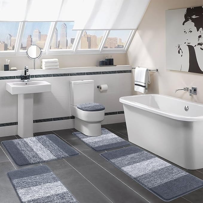 Bsmathom Bathroom Rug Set 5 Piece, Plush Microfiber Bath Mat, Dark Grey | Extra Water Absorbent, Non Slip Washable Runner Bath Rugs with Toilet Lid Cover and U-shaped Contour Toilet Mat