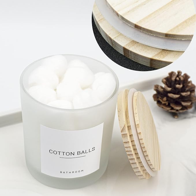 3PCS Modern 13.53oz Transparent Bathroom Canisters with 12 Labels & Wooden Lid Thick Glass Jar Set Qtip Holder for Cotton Ball & Pads Storage Organization Minimalist Decor