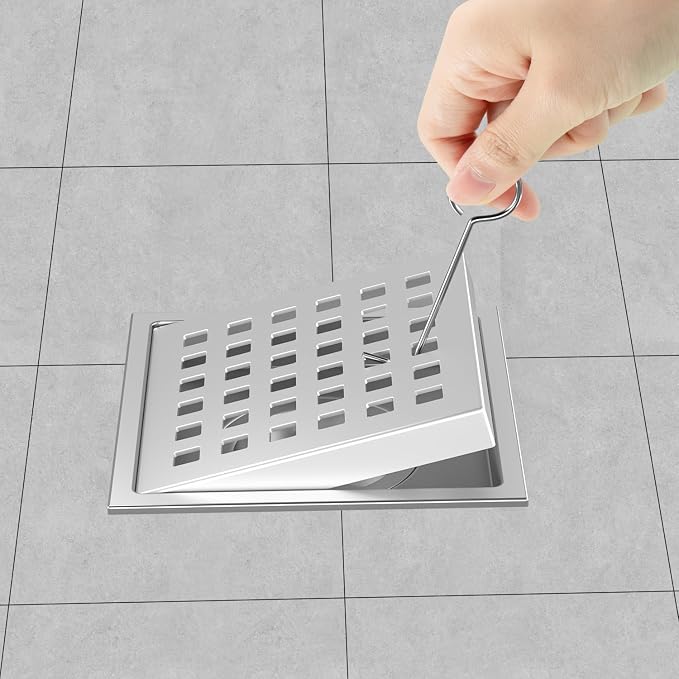 EXF Square Shower Drain 4-3/8 Inch Chrome, Stainless Steel Shower Floor Drain Kit with ABS Flange, Removable Cover Grid Grate, Hair Strainer