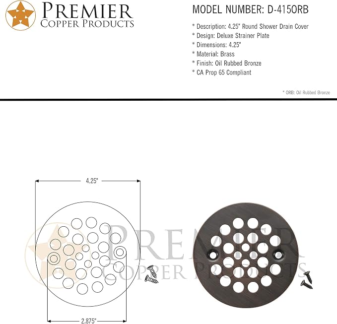 Premier Copper Products D-415ORB 4.25-Inch Round Shower Drain Cover, Oil Rubbed Bronze