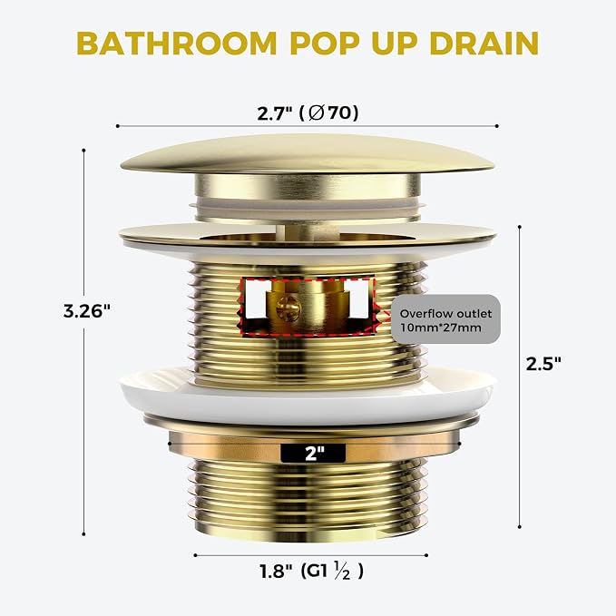 BOTEMY Solid Brass Pop-Up Drain for Freestanding Tubs, Tool-Free Installation Bathtub Drain Stopper with Brushed Gold Finish, Universal Fit 1.8" Hole Size, Leak-Proof Heavy Duty Design (Brushed Gold)