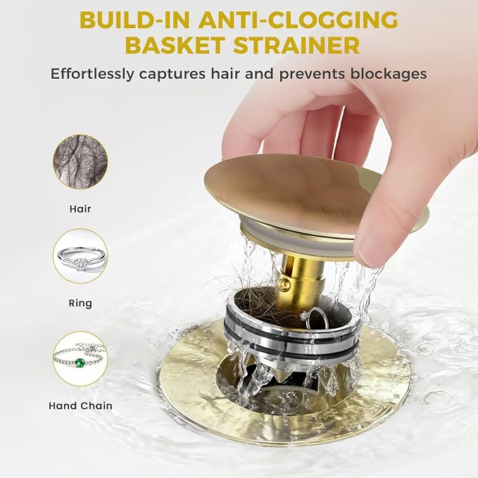 BOTEMY Solid Brass Pop-Up Drain for Freestanding Tubs, Tool-Free Installation Bathtub Drain Stopper with Brushed Gold Finish, Universal Fit 1.8" Hole Size, Leak-Proof Heavy Duty Design (Brushed Gold)