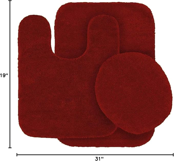 3pc Solid Non Slip Soft Bath Rug Set for Bathroom U-Shaped Contour Rug, Mat and Toilet Lid Cover New Angela (Red)