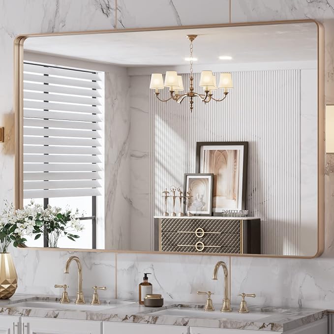 LOAAO 48"X32" Gold Bathroom Mirror | Rounded Rectangle, Brushed Gold Frame, Wall-Mounted, Anti-Rust, Tempered Glass, Hangs Horizontally or Vertically