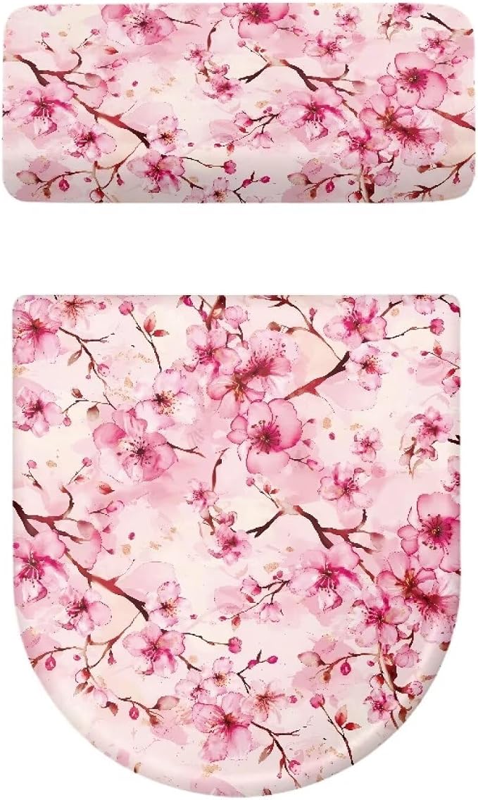 Peach Blossom Toilet Lid Covers for Bathroom Set Soft Toilet Seat Cover Set with Elastic Band Washable Elongated Home Decoration