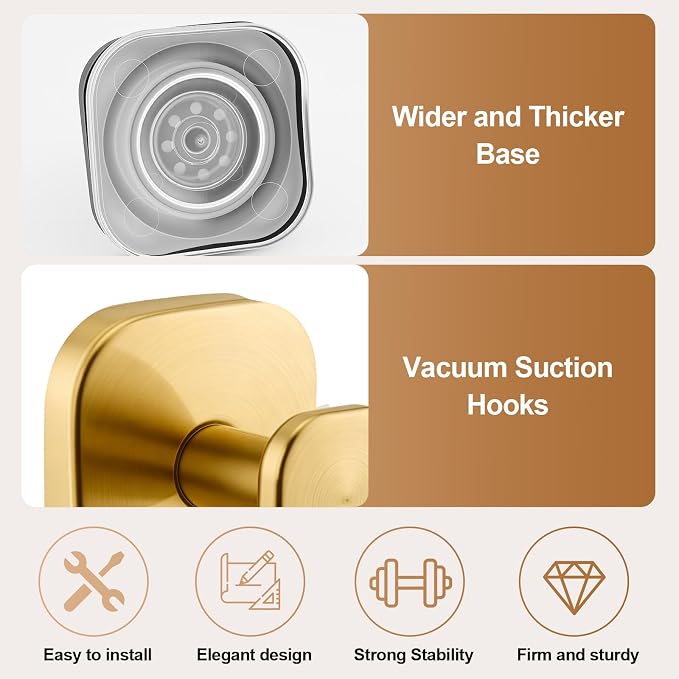 Suction Cup Hooks for Shower, Stainless Steel Bathroom Suction Hooks No Drilling, Brushed Gold Heavy Duty Shower Hooks for Towel Robe Loofah, Glass Door Tile Mirror, 4 Pack Golden