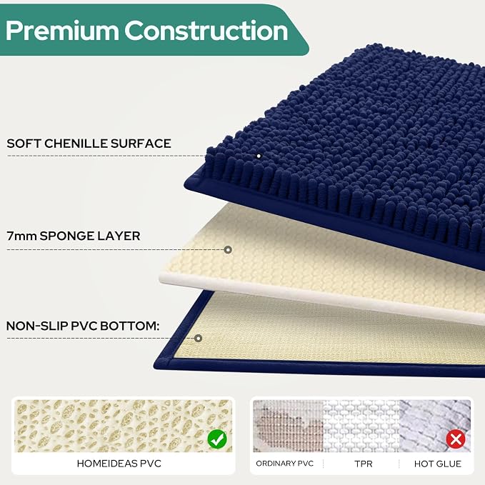 HOMEIDEAS 3 Pieces Navy Blue Bathroom Rugs Set, Ultra Soft Non Slip Bath Rug and Absorbent Chenille Bath Mat, Includes U-Shaped Contour Rug, Bath Mat and Toilet Lid Cover, Perfect for Bathroom, Tub