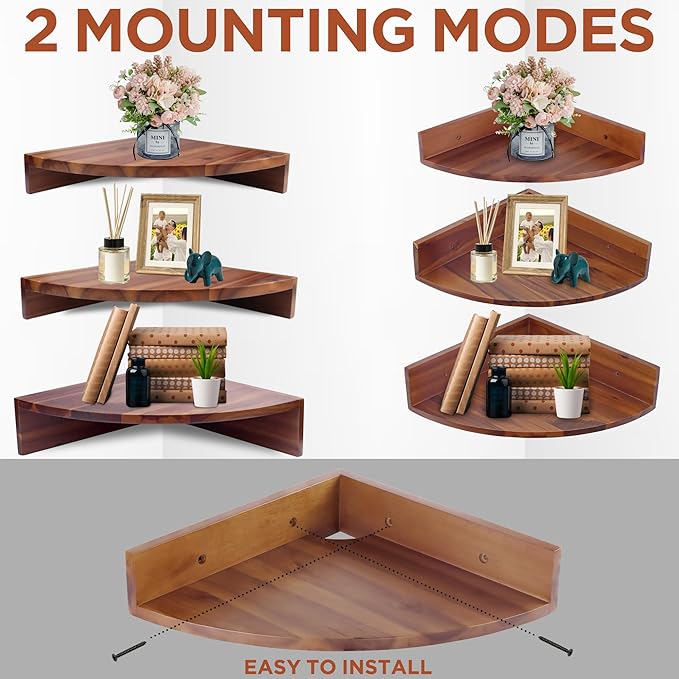 Demigo Corner Shelf Wall Mount Set of 3, Solid Acacia Wood Round Floating Corner Shelves for Storage and Display, Hanging Wood Shelves for Bedroom, Kitchen, Living Room, Bathroom (Brown) | Hanging Wall Storage & Display Corner Rack for Bedroom, Kitchen...