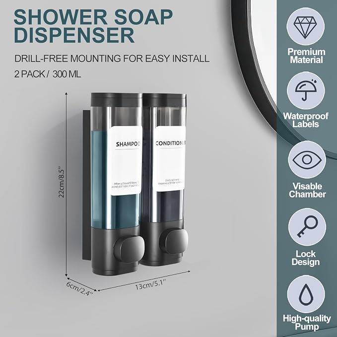 Shampoo Conditioner Shower Soap Dispenser 2 Chamber Wall Mount Black | Refillable. Leakproof 600ml. No-Drill Wall Mount. Soap, Shampoo, Conditioner, Body Wash, Shower Gel, Bathroom Set. BPA-Free.