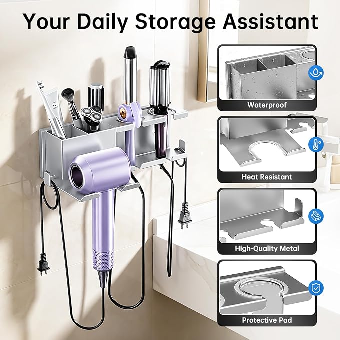 YSD Hair Dryer Holder Wall Mounted with Cord Organizer Metal Organizer | Heat Resistant Blow Dryer Holder with Curling Iron and Flat Iron for Bathroom Self Adhesive/Screw, Grey