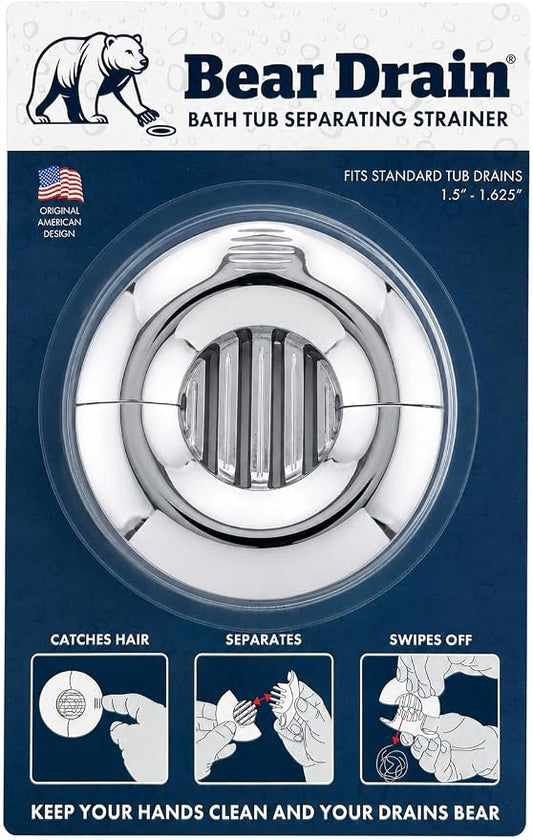 Bathtub Separating Hair Catcher for Drain – Patented No-Touch Two-Piece Hair Strainer, Prevents Clogs, Easy Clean Hair Removal, Fits Standard Tub Drains, Lightweight Design Chrome-Finish