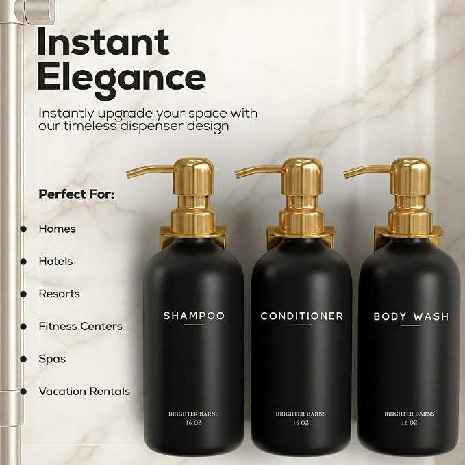 Luxury Shampoo and Conditioner Dispenser Set Wall Mounted by Brighter Barns - Refillable Shower Shampoo Dispenser and Stainless Steel Pumps - Modern Bathroom Decor for Guest House, Airbnb (Black Gold)