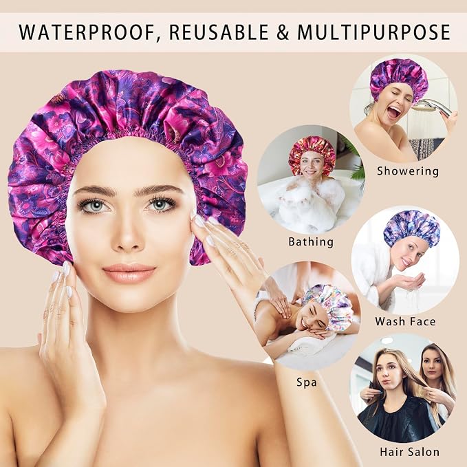 Shower Caps for Women, 4 PCS Reusable Waterproof Bath Cap | Double Layer, Washable, Wide Elastic Band, Holds Long Hair, Caps for Bath Accessories, Spa, Travel Home - Printing Flower D