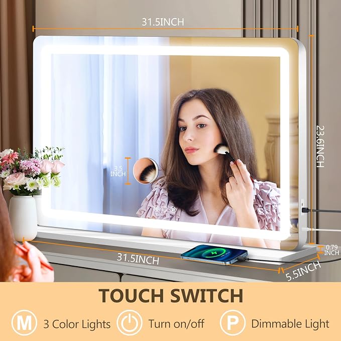 Ratsamee 32"x24" Vanity Mirror with Lights, Led Makeup Mirror, Lighted Makeup Mirror with 3 Color Dimmable Lights, Smart Touch Screen Control, Aluminum Metal Frame,USB Charging Port