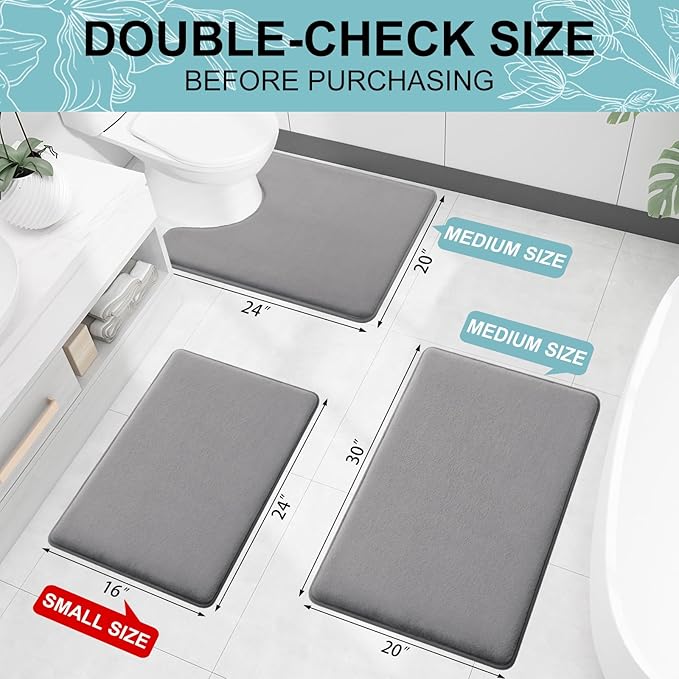 Smiry Memory Foam Bath Mat 47x32, Extra Soft and Absorbent Bathroom Rugs | Grey, Quick Dry Machine Washable Non-Slip Bath Mat for Bathroom Floor, Shower and Tub