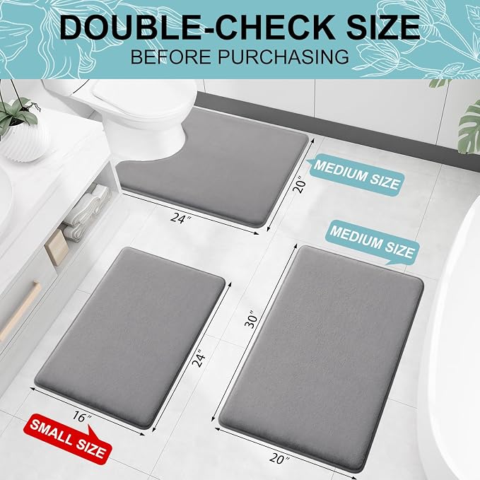 Smiry Memory Foam Bath Mat 30x20, Extra Soft and Absorbent Bathroom Rugs | Grey, Quick Dry Machine Washable Non-Slip Bath Mat for Bathroom Floor, Shower and Tub