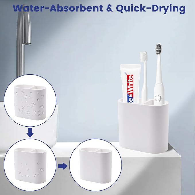 Quick Drying Toothbrush Holder for Bathrooms, Diatomite Countertop Organizer for Electric Tooth Brush, Toothpaste, Razor, Makeup Brush, White, 2 Slots