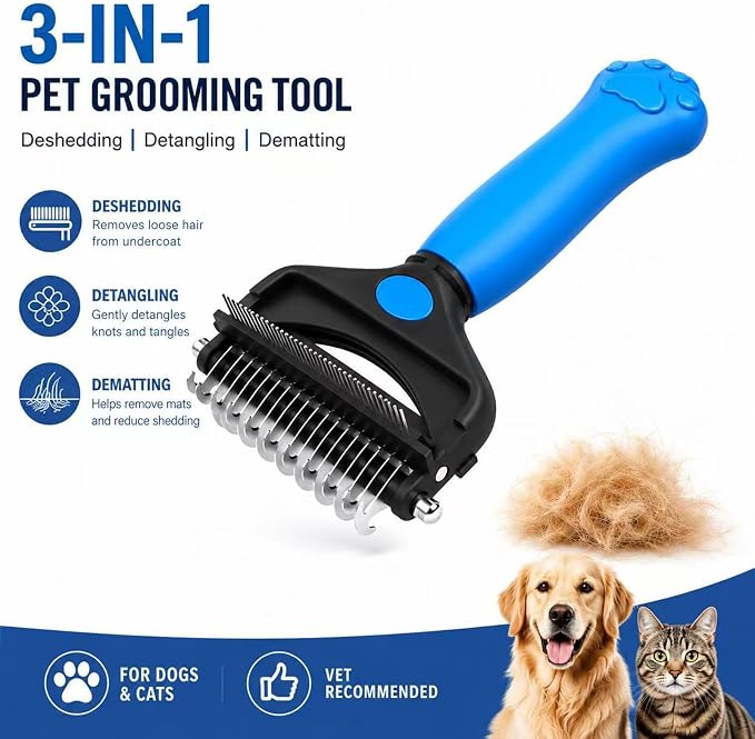 Deshedding Dog Brush，3-in-1 Undercoat Rake for Dogs，Pet Pro Grooming Tool – Ultimate Dematting Comb & Deshedding Brush for Cats and Dogs, Perfect for Shedding & Detangling (Blue)