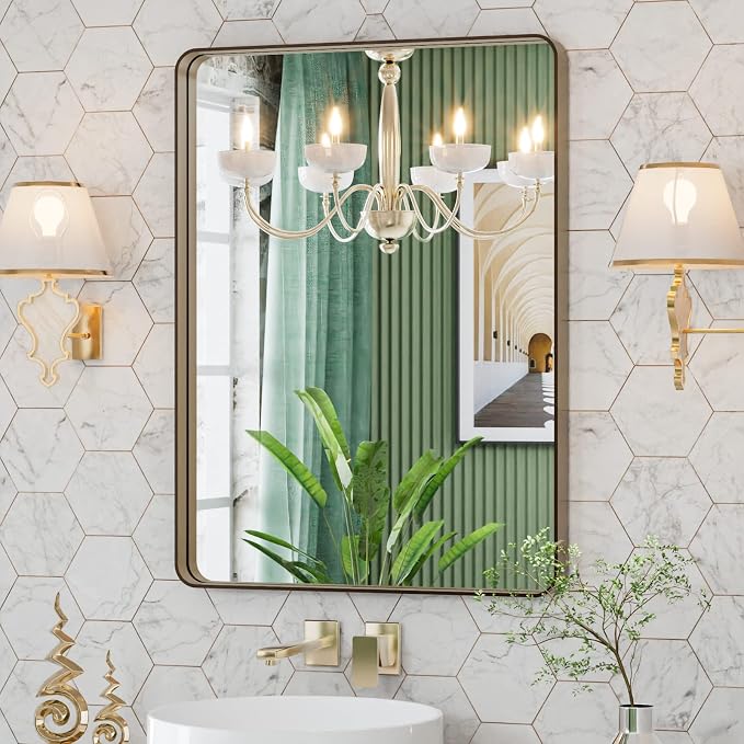 LOAAO 22”X30” Bronze Bathroom Mirrors for Vanity, Rounded Rectangle Brushed Bronze Metal Frame Mirror, Anti-Rust, Hangs Horizontally or Vertically | Rounded Rectangle, Brushed Bronze Metal Frame, Anti-Rust, Hangs Horizontally or Vertically