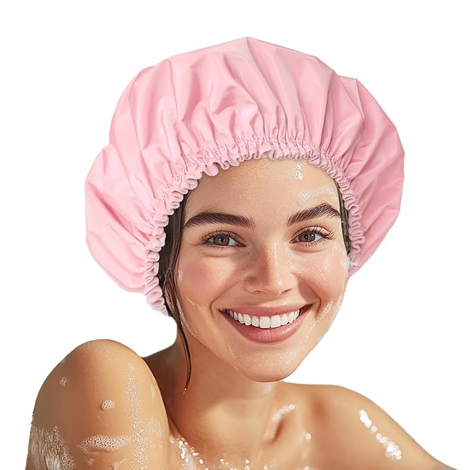 Shower Cap for Women, Large Waterproof Shower Bonnet | Double Layer, Reusable Hair Protector, Washable Large Bath Cap, Wide Elastic Band, for Long Hair, Braids - Pink