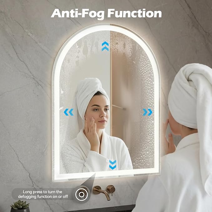 DUMOS 28"x36" LED Bathroom Mirror with Lights, Arched Vanity Mirror | Anti-Fog, Dimmable, 3-Color Light, Memory Function, Front Light and Backlit, Tempered Glass