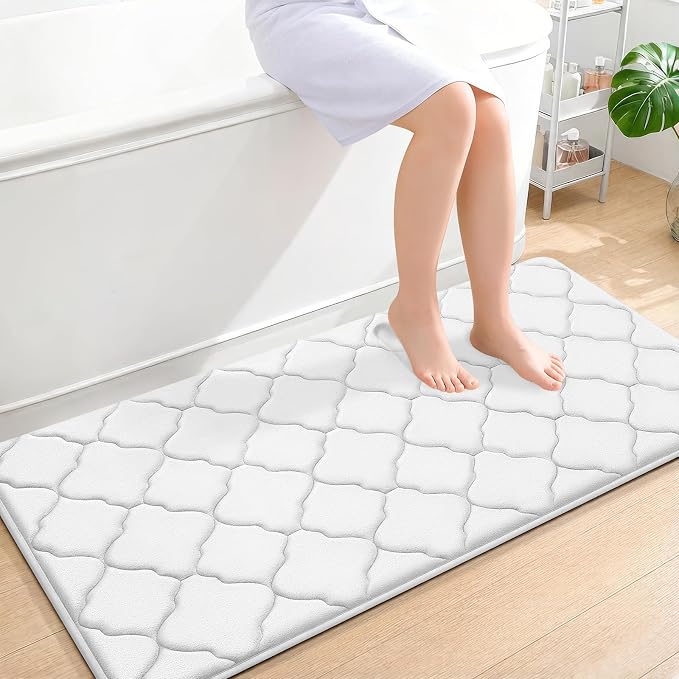 OLANLY Memory Foam Bath Mat Rug 47x24, Ultra Soft Bathroom Rugs, White | Thick Absorbent Carpet, Non-Slip Backing, Machine Washable, for Bathroom Floor, Tub, Shower and Home Decor Accessories