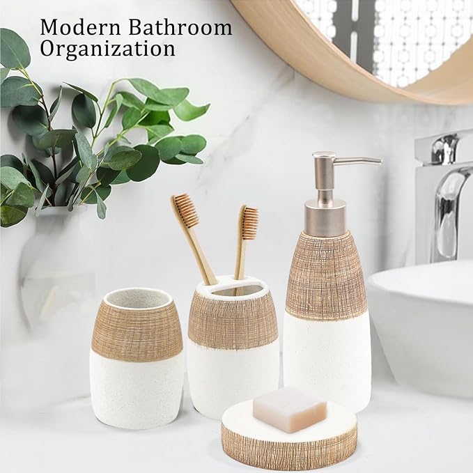 CERBIOR Bathroom Accessories Set,4 PCS Ceramic Bath Accessory,Brown White | Includes Toothbrush Holder, Toothbrush Cup, Soap Dish for Decorative Countertop and Housewarming Gift