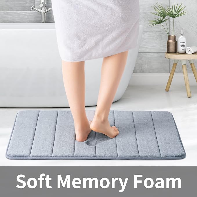 ROSMARUS Memory Foam Bath Mat, 17''x24'', Grey | Water Absorbent, Ultra Soft, Non Slip, Thick Foam, Bathroom Rugs for Floor & Tub, Machine Washable Care