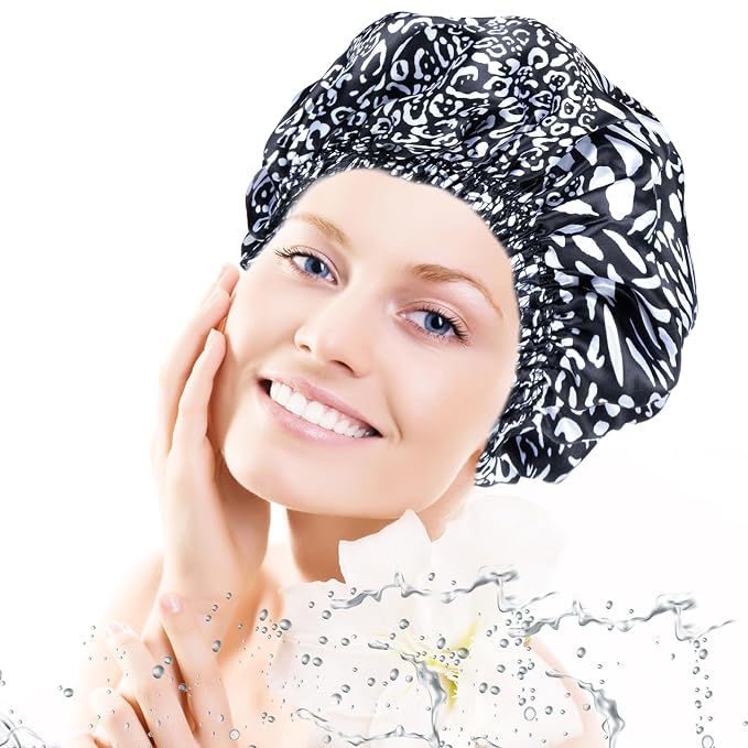Shower Caps for Women, 4 PCS Reusable Waterproof Bath Cap | Double Layer, Washable, Wide Elastic Band, Holds Long Hair, Caps for Bath Accessories, Spa, Travel Home - Printed Color