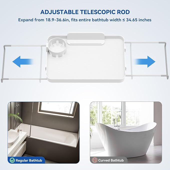 Bathtub Tray for Large Soaking Tub Table Tray Expandable Tub Shelf for Bathtub Caddy Bath Shelf Over Tub Luxury Bath Board Book Holder with Removable 2 Cup Holder Phone Metal Shower Caddy Basket White