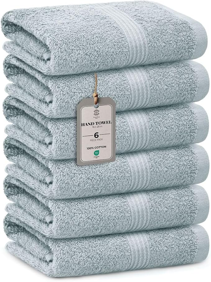 Luxe 6-Piece Hand Towel Set – Soft & Absorbent Cotton, Hotel Quality, Quick-Drying, Easy Care, 16 x 28 in (Ice Blue)