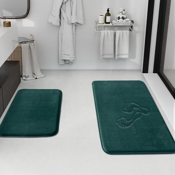 Bathroom Rugs Sets 2 Piece, Non-Slip & Quick Dry Bath Mat Set, Ultra Soft Velvet Bath Rugs for Bathroom, Toilet and Shower Floor, Peacock Blue