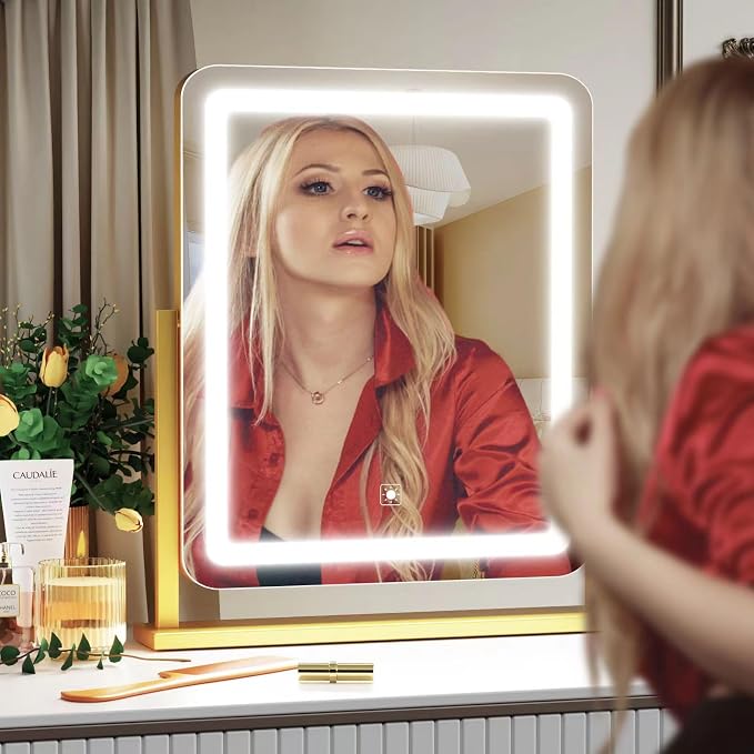 Gvnkvn Lighted Makeup Mirror, Hollywood Vanity Mirror with Lights, Three Color Lighting Modes, and Detachable 10X Magnification Mirror, Smart Touch Control, 360°Rotation (15.2in. Gold)