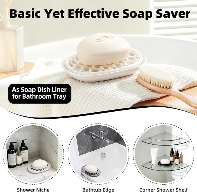 4 Pack Soap Dish for Shower, Non-Slip Silicone Bar Soap Holder with Efficient Drainage Holes for Bathroom Sink, Self Draining Soaps Saver Pad for Shower Niche, Shelf (White- 4Pcs)