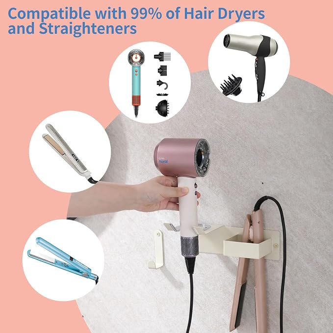 Hair Dryer and Straightener Holder, Hair Tool Organizer Wall Mount for Bathroom, Stainless Steel Straightener Holder, Blow Dryer Holder Adhesive/Drilling HairDryer Stand White UEMUSI