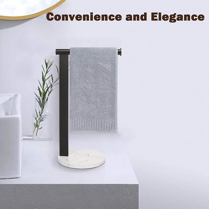 Hand Towel Holder Stand for Bathroom, L- Shaped Standing Hand Towel Rack, Towel Bar Kitchen Vanity Countertop Organizer, SUS304 Stainless Steel Material, Marble Base (Matte Black)