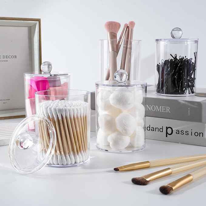 4 Pcs Acrylic Qtip Holder, Cotton Ball Holder Jars with Lids, Clear | Apothecary Jars for Cotton Swabs, Balls, Pads and Floss Picks, Bathroom Vanity Organizer